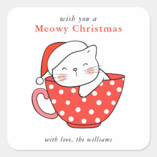 Cute Cat Illustration Red & White Meowy Christmas Square Sticker
