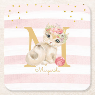 Cute Cat Illustration White Pink Stripes Girl Kids Square Paper Coaster