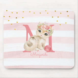 Cute Cat Illustration White Pink Stripes Kids Girl Mouse Pad