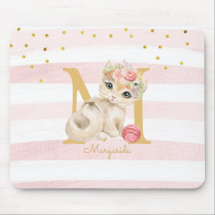 Cute Cat Illustration White Pink Stripes Kids Mouse Pad