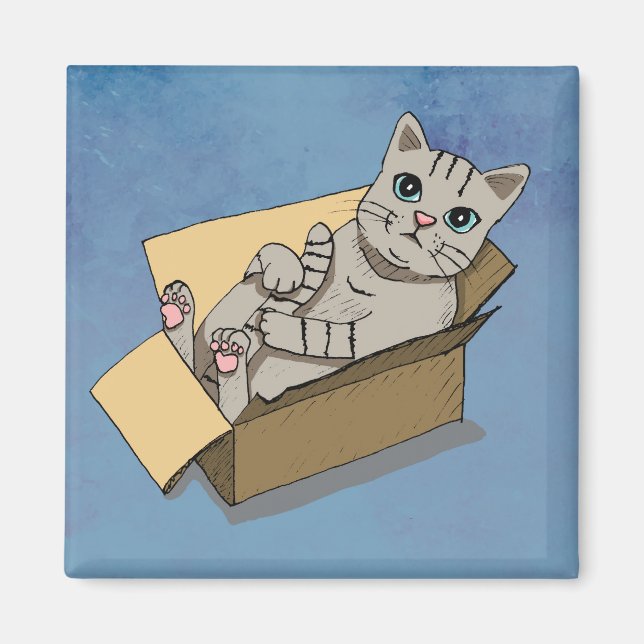 Cute Cat in a Cardboard Box Drawing Magnet (Front)