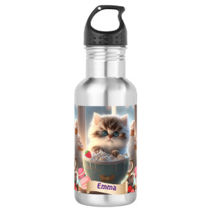 Cute Cat in a Cup Personalised Name Kids  532 Ml Water Bottle