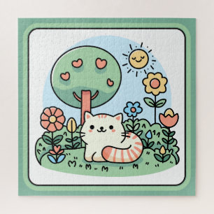 Cute Cat In A Garden Doodle Art Jigsaw Puzzle