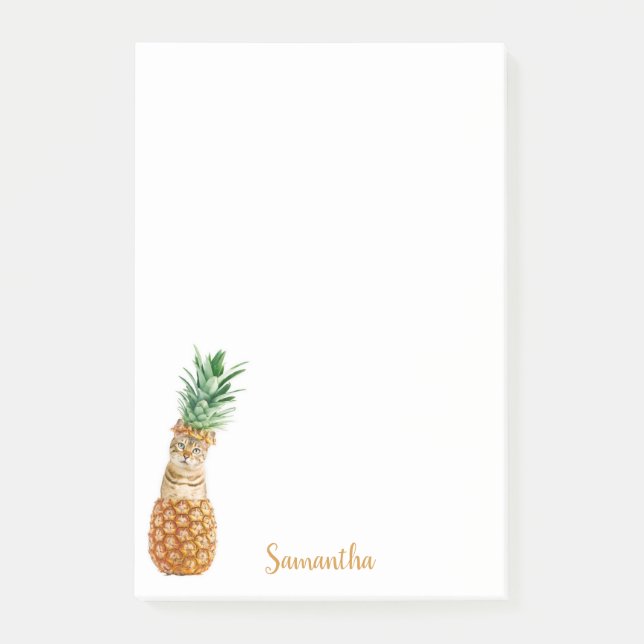 Cute Cat in a Pineapple Personalised Post-it Notes (Front)