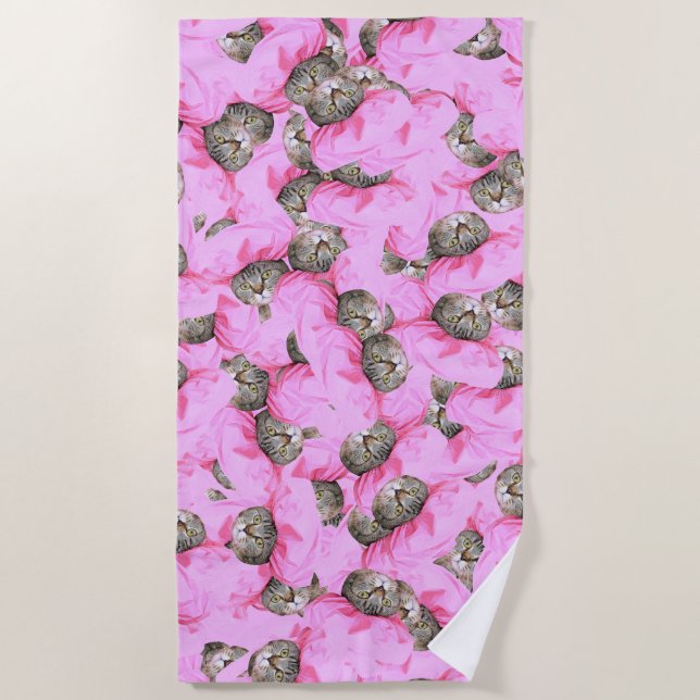 Cute Cat in a Pink Cap Pattern Random Beach Towel (Front)