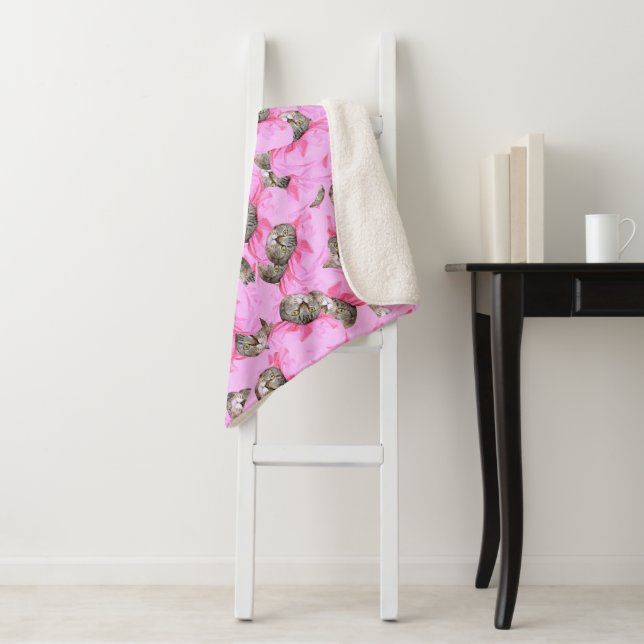 Cute Cat in a Pink Cap Pattern Random Sherpa Blanket (In Situ)