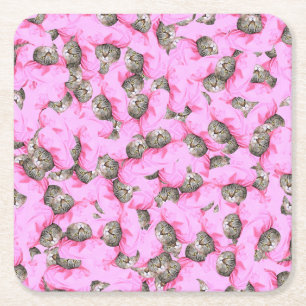 Cute Cat in a Pink Cap Pattern Random Square Paper Coaster