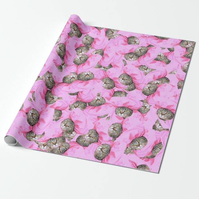 Cute Cat in a Pink Cap Pattern Wrapping Paper (Unrolled)