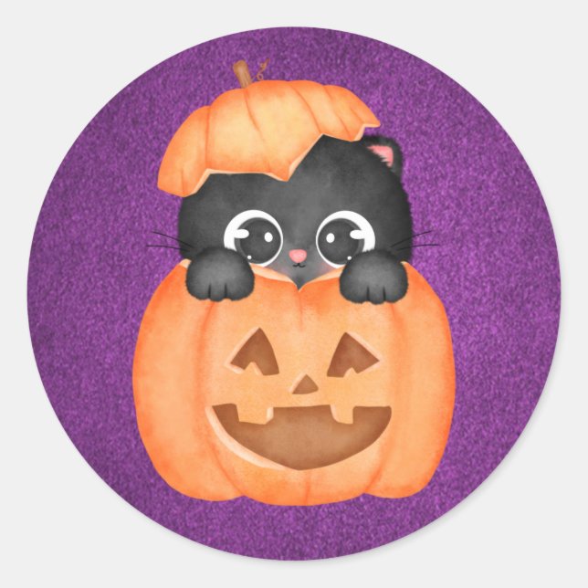Cute Cat In a Pumpkin Purple Halloween Classic Round Sticker (Front)