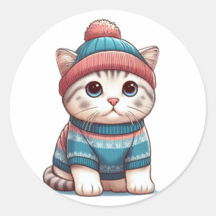Cute Cat in a sweater and beanie Classic Round Sticker
