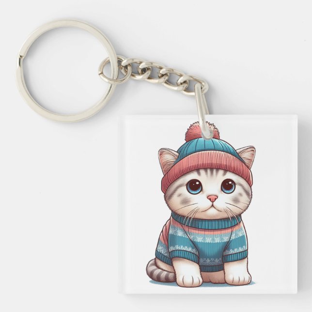 Cute Cat in a sweater and beanie Key Ring (Front)