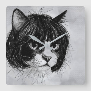Cute Cat in a Wig (Style 10 +BG) Fine Art Square Wall Clock