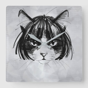 Cute Cat in a Wig (Style 1 +BG) Fine Art Square Wall Clock