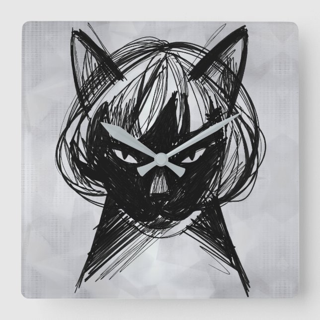 Cute Cat in a Wig (Style 6 +BG) Fine Art Square Wall Clock (Front)