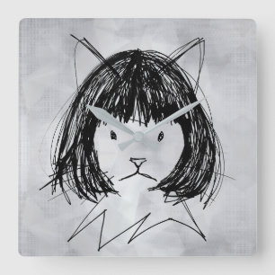 Cute Cat in a Wig (Style 7 +BG) Fine Art Square Wall Clock