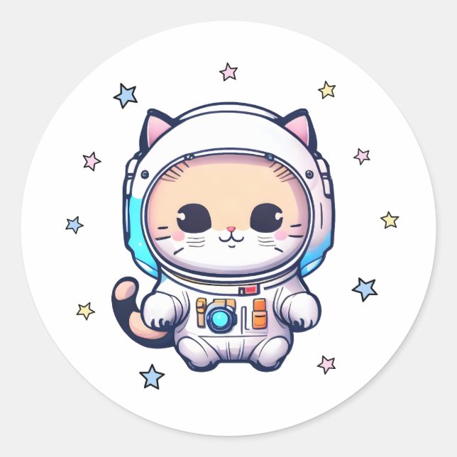 Cute Cat In Astronaut Suit Floating In Space Classic Round Sticker (Front)