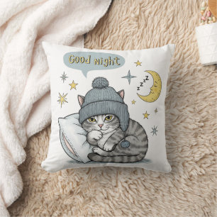 Cute Cat in Beanie Pillow – “Good Night” Decor