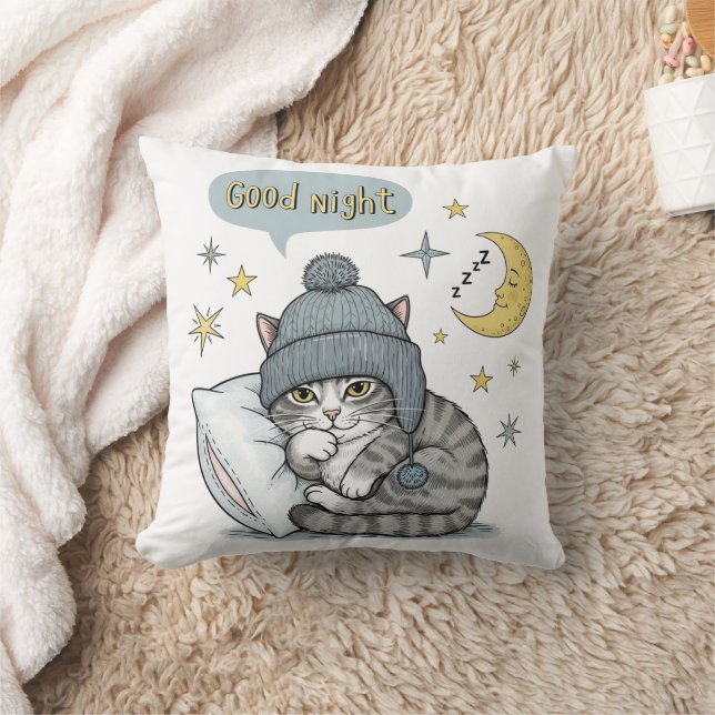 Cute Cat in Beanie Pillow – “Good Night” Decor (Blanket)