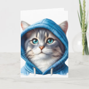 Cute Cat in Blue Hoodie Adorable Kitten Art Blank Card