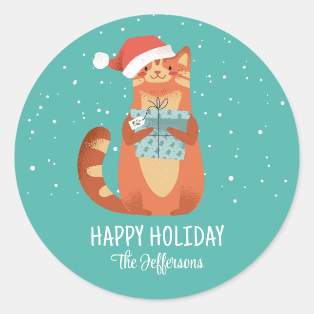 Cute Cat In Christmas Hat Winter Holiday Classic Round Sticker (Front)