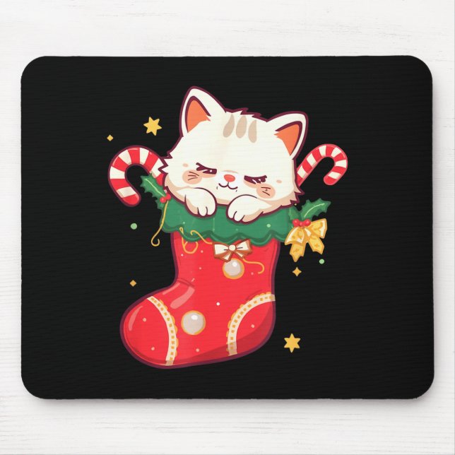 Cute Cat In Christmas Stocking Kawaii Anime Xmas G Mouse Pad (Front)