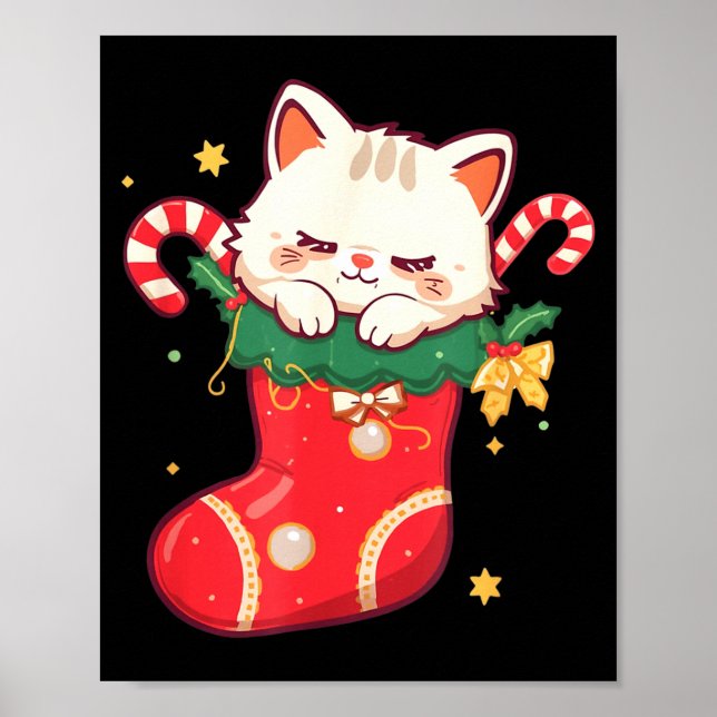 Cute Cat In Christmas Stocking Kawaii Anime Xmas G Poster (Front)