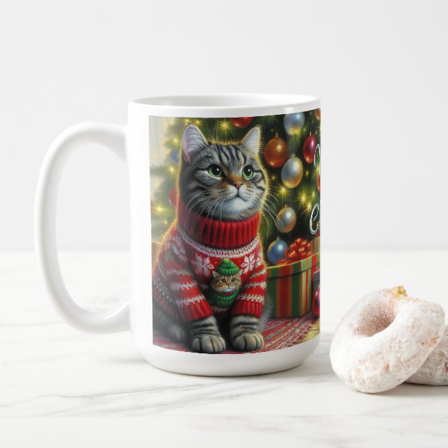 Cute Cat in Christmas Sweater  Coffee Mug (With Donut)