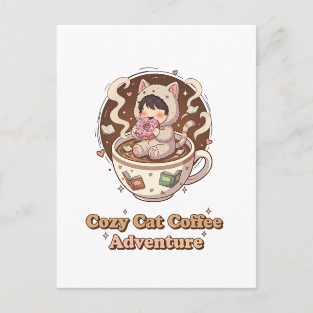 Cute Cat in Coffee Cup - Cozy Adventure art Postcard (Front)