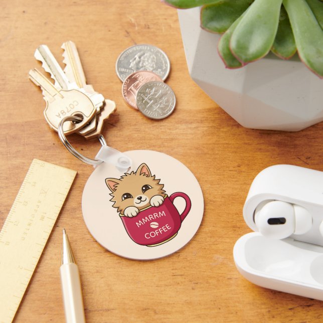 Cute Cat in Coffee Mug Beige Custom Text Key Ring (Desk)
