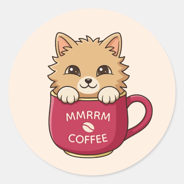 Cute Cat in Coffee Mug Custom Text Beige Classic Round Sticker (Front)