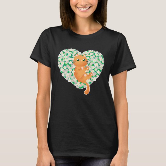 Cute  Cat In Flowers Gives Love T-Shirt (Front)