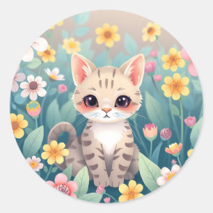 Cute Cat in Garden Surrounded by Pastel Flowers Classic Round Sticker