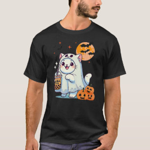 Cute Cat in ghost halloween Pumpkin drinking boba T-Shirt
