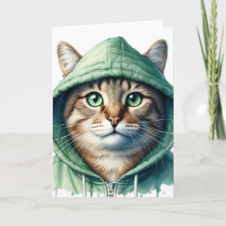Cute Cat in Green Hoodie Funny Cosy Kitty Blank Card