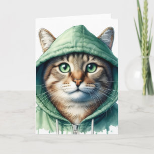 Cute Cat in Green Hoodie Funny Cozy Kitty Blank Card