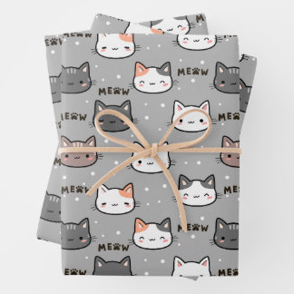 Cute cat in grey wrapping paper sheet