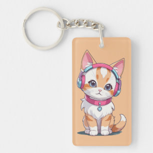 Cute Cat in Headphone Chic Key Ring