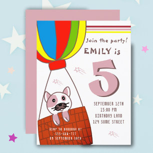 Cute Cat in Hot Air Balloon Girl Birthday Invitation Postcard