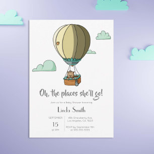 Cute Cat in Hot Air Balloon Neutral Baby Shower Invitation