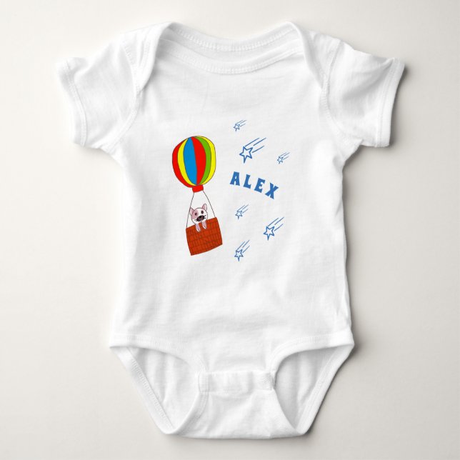 Cute Cat in Hot Air Balloon with Name Baby Bodysuit (Front)