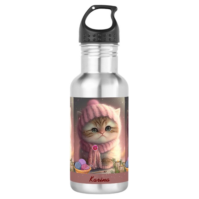 Cute Cat in Pink Knit Hat Yarn Personalised Name 532 Ml Water Bottle (Front)