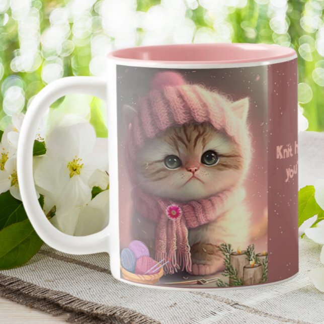 Cute Cat in Pink Knit Hat Yarn Personalised  Two-Tone Coffee Mug (Creator Uploaded)