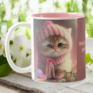 Cute Cat in Pink Knit Hat Yarn Personalized  Two-Tone Coffee Mug