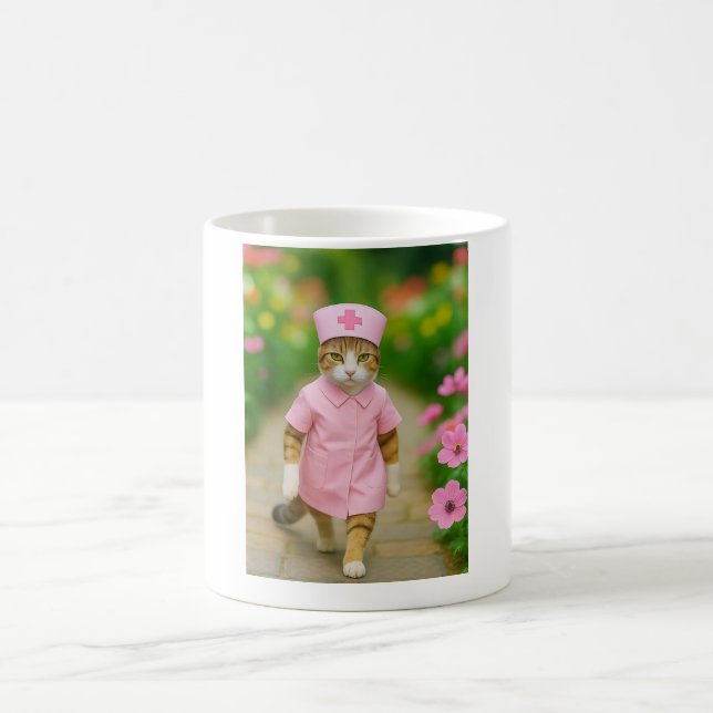 Cute Cat in Pink Nurse Uniform Coffee Mug (Center)