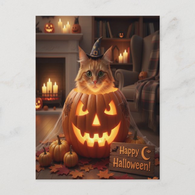 Cute Cat in Pumpkin Halloween for Cat Lovers Postcard (Front)