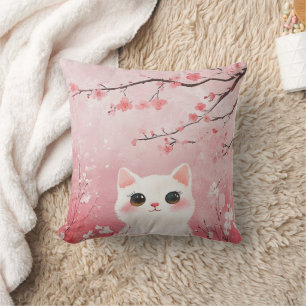 Cute Cat in Sakura Flowers Decorative Pillow