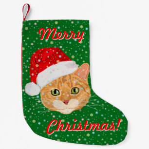 Cute Cat in Santa Claus Hat with Snowflakes Small Christmas Stocking