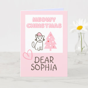 Cute Cat in Santa Hat&Tree Meowy Christmas Pastel  Card