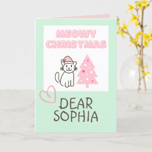 Cute Cat in Santa Hat&Tree Meowy Christmas Pastel  Card