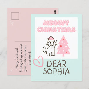 Cute Cat in Santa Hat&Tree Meowy Christmas Pastel  Postcard